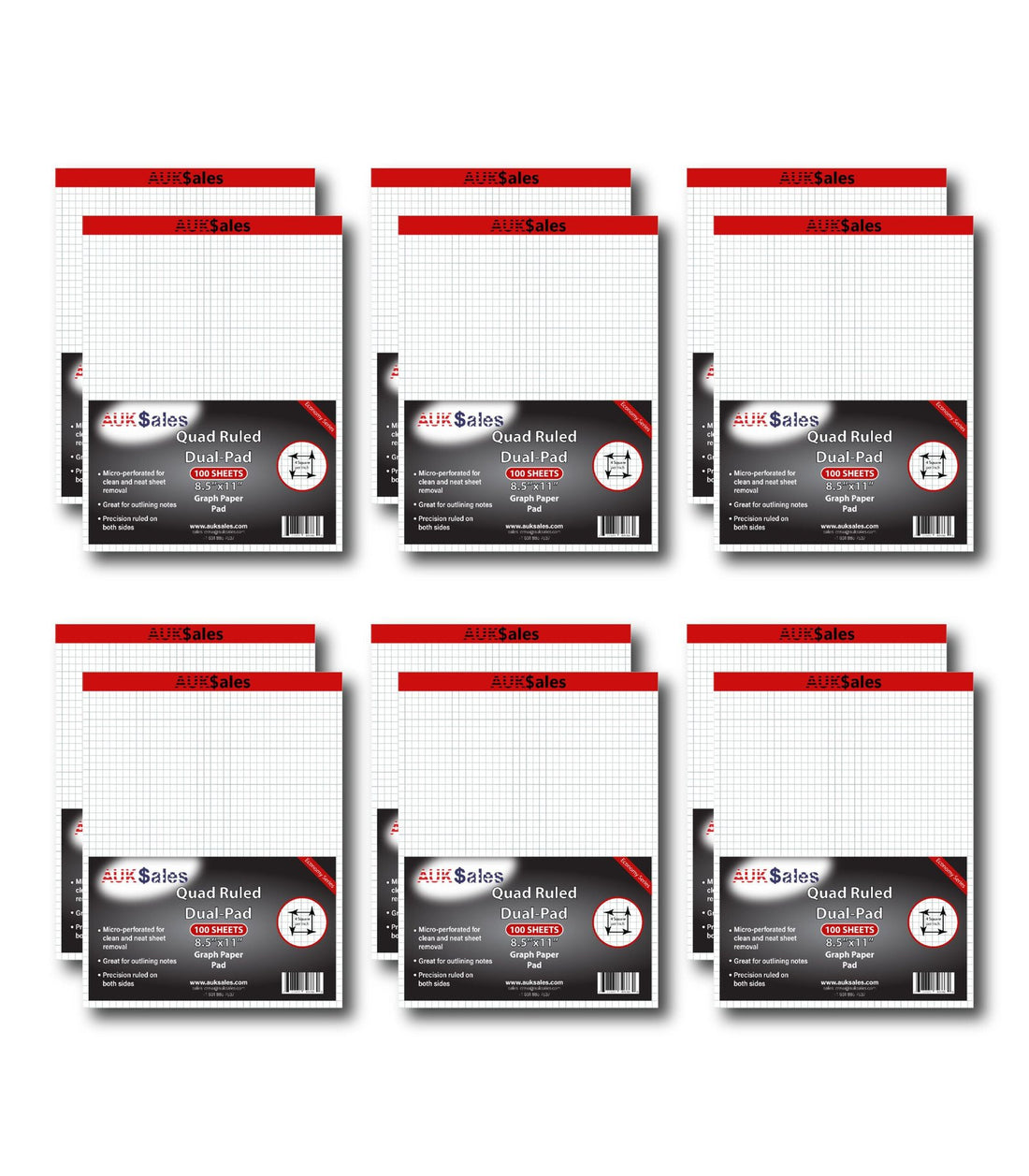 Quad Ruled Dual Pad – Legal Size 8" x 11.5", 1/4" Grid, 100 Sheets, Perforated Graph Paper, (Pack of 12 Pads)