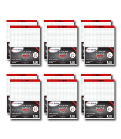 Quad Ruled Dual Pad – Legal Size 8" x 11.5", 1/4" Grid, 100 Sheets, Perforated Graph Paper, (Pack of 12 Pads)