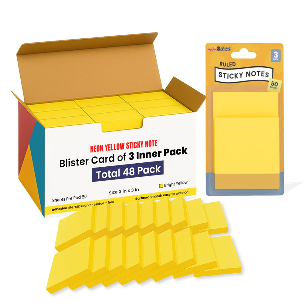 Sticky Notes 3x3, 50 Sheets per Pad, 1 Blister Card Contain 3 Inner Pads, 48 Blister Packs of Small Sticky Notes, Iconic Neon Paper Note Pads Bulk, School & Office Supplies