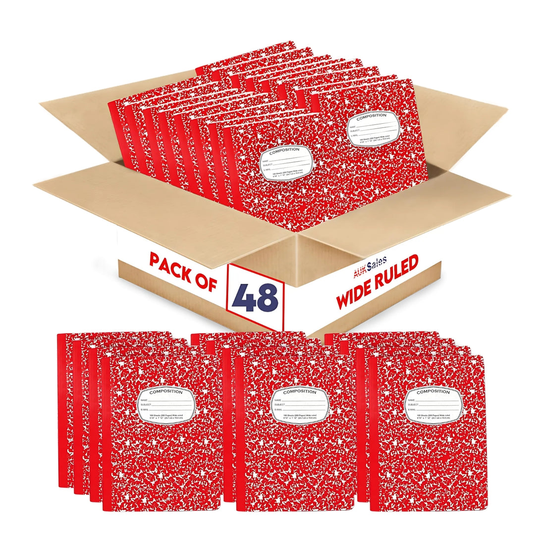 Marble Composition Notebook – 100 Sheets, Wide Ruled, Red Cover, Case Pack of 48