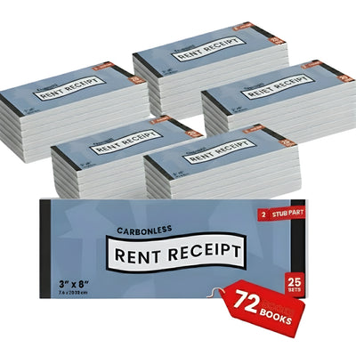 Rent Receipt Book, Carbonless, 3"X 8", 25 Sets, 50 Sheets, Case Pack of 72, Ideal for Bulk Buyers