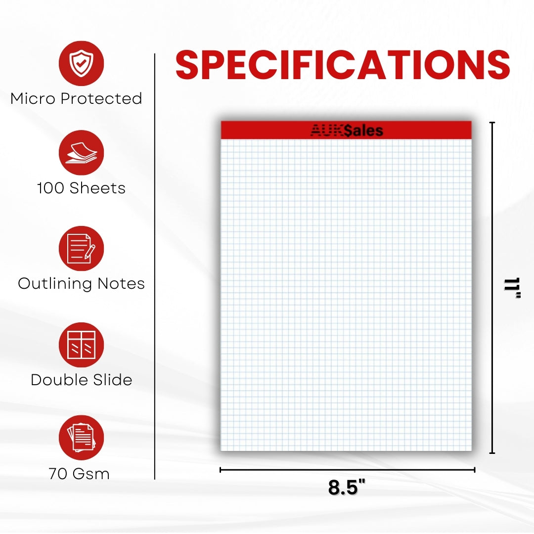 Quad Ruled Dual Pad – Legal Size 8" x 11.5", 1/4" Grid, 100 Sheets, Perforated Graph Paper, (Pack of 12 Pads)