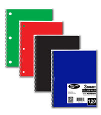 3 Subject Notebook, 120 Sheets, College Ruled, Case Pack of 36, Ideal for Bulk Buyers, Assorted Colors