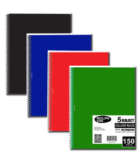 5 Subject Spiral Notebook College Ruled 150 sheets, Case Pack of 24, Ideal for Bulk Buyers, Assorted Colors