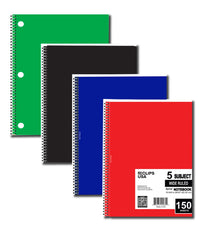 5 Subject Spiral Notebook Wide Ruled 150ct. Assorted Colors, Case Pack of 36, Ideal for Bulk Buyers