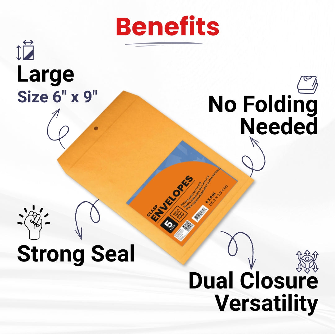 Kraft Clasp Envelopes - 6 X 9 Inches, 5-count, Journal Office Supplies, Ideal for Bulk Buyers