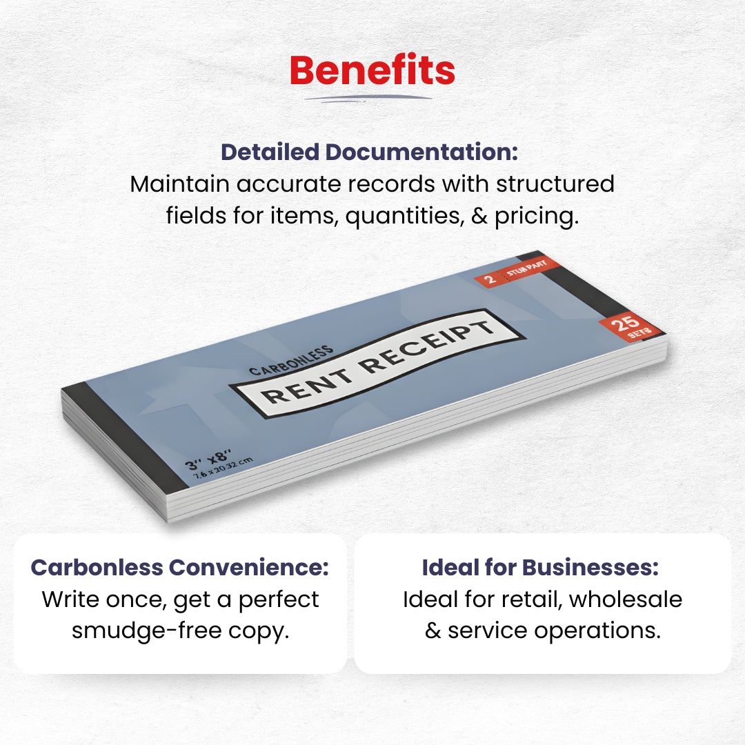 Rent Receipt Book, Carbonless, 3"X 8", 25 Sets, 50 Sheets, Case Pack of 72, Ideal for Bulk Buyers