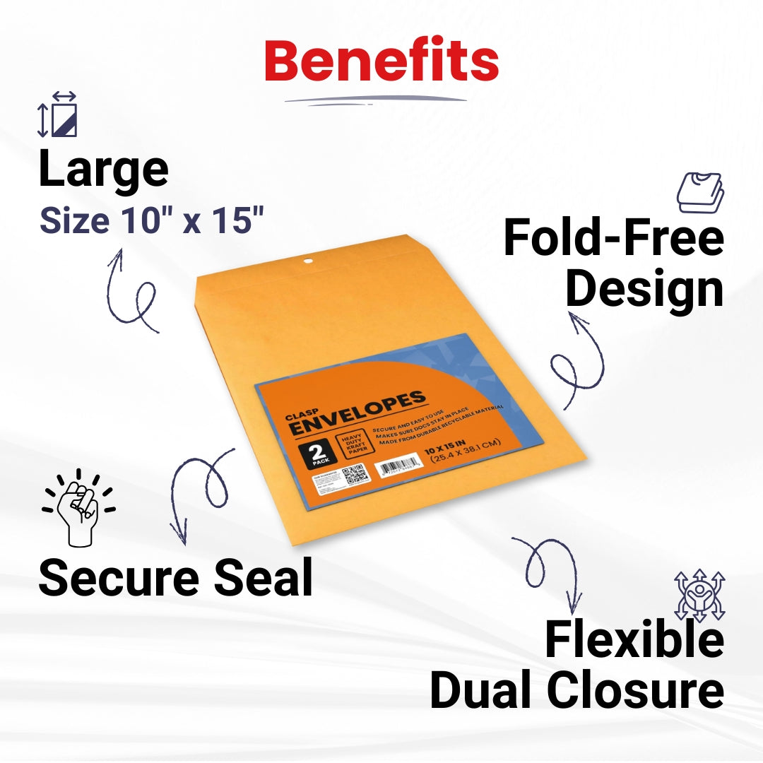 Kraft Clasp Envelopes - 10 X 15 Inches, 2-count, Journal Office Supplies, Ideal for Bulk Buyers