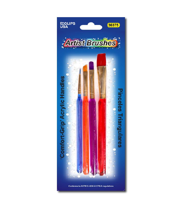 Comfort Grip Artist Brushes – 4 Pack with Acrylic Handles | Assorted Tips & Colors | Case Pack of 48 | Ideal for Bulk Buyers | Colors & Coloring | Journal & School Supplies