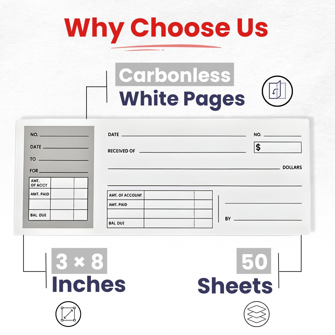 Money Receipt Book, Carbonless, 3"x 8", 25 Sets, 50 Sheets,Case Pack of 72, Ideal for Bulk Buyers