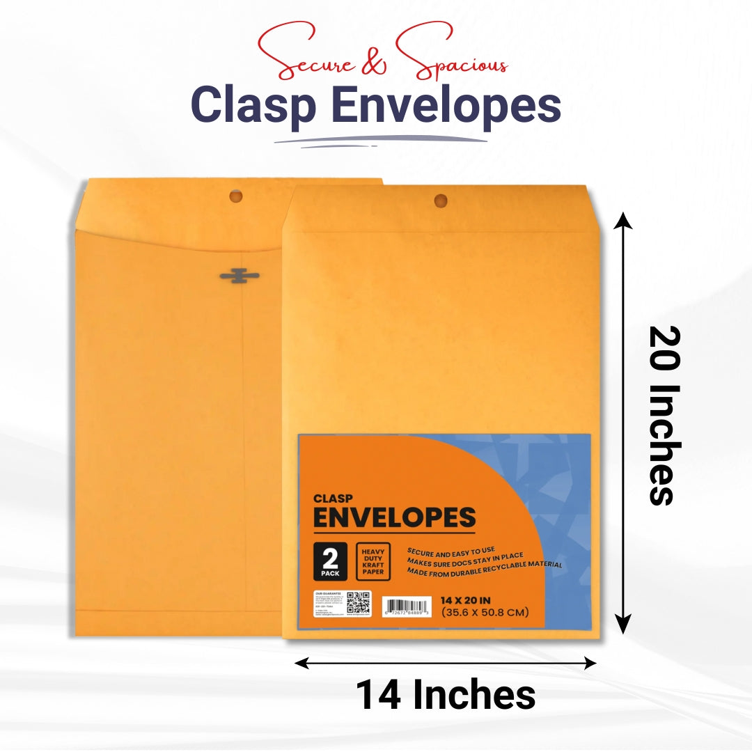 Kraft Clasp Envelopes - 14 X 20 Inches, 2-count, Journal Office Supplies, Ideal for Bulk Buyers