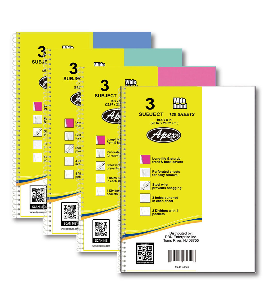 3 Subject Notebook – 120 Sheets, Wide Ruled, Poly Cover with Dividers & Pockets, Case Pack of 24