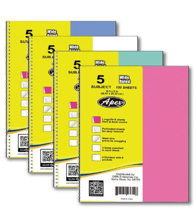 5 Subject Notebook – 150 Sheets, Wide Ruled, Poly Cover with Dividers & Pockets, Case Pack of 24