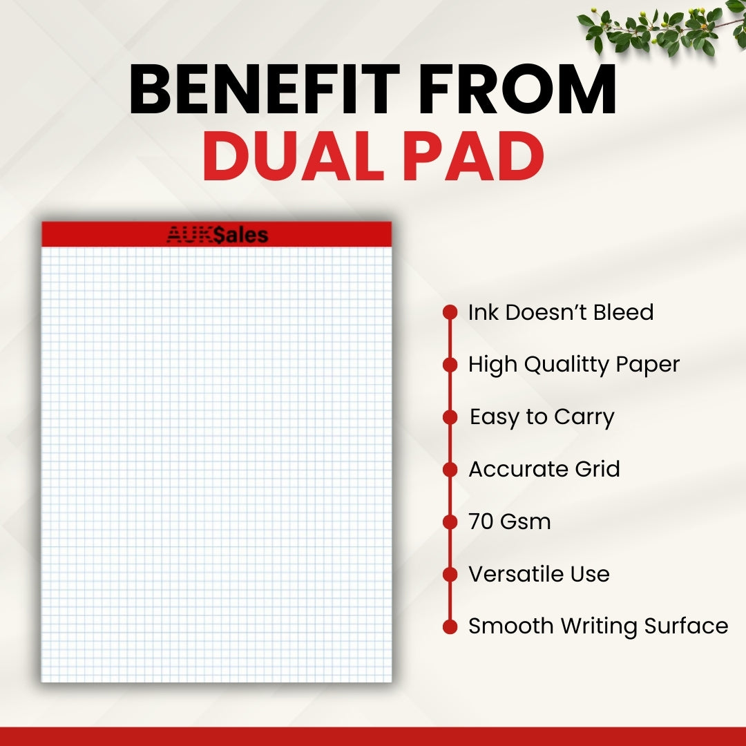Quad Ruled Dual Pad – Legal Size 8" x 11.5", 1/4" Grid, 100 Sheets, Perforated Graph Paper, (Pack of 12 Pads)