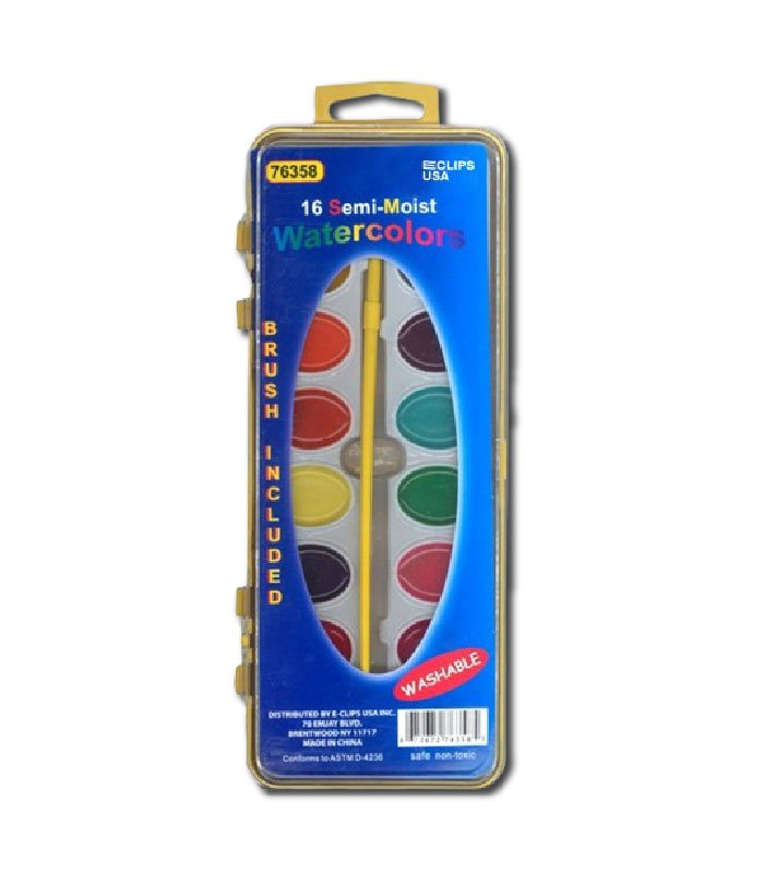 Watercolors Paint, Semi-Moist – 16 Colors with Bonus Brush | Non-Toxic | Case Pack of 48 | Ideal for Bulk Buyers | Colors & Coloring | Journal & School Supplies