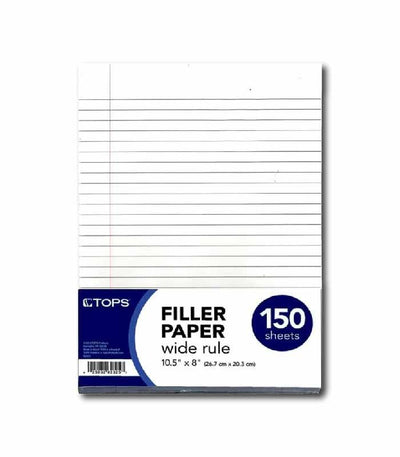 TOPS Loose Leaf Paper, Filler Paper, Wide Ruled, 3 Hole Punched, 10-1/2" x 8", 150 Sheets/Pack, White, 24 Pack