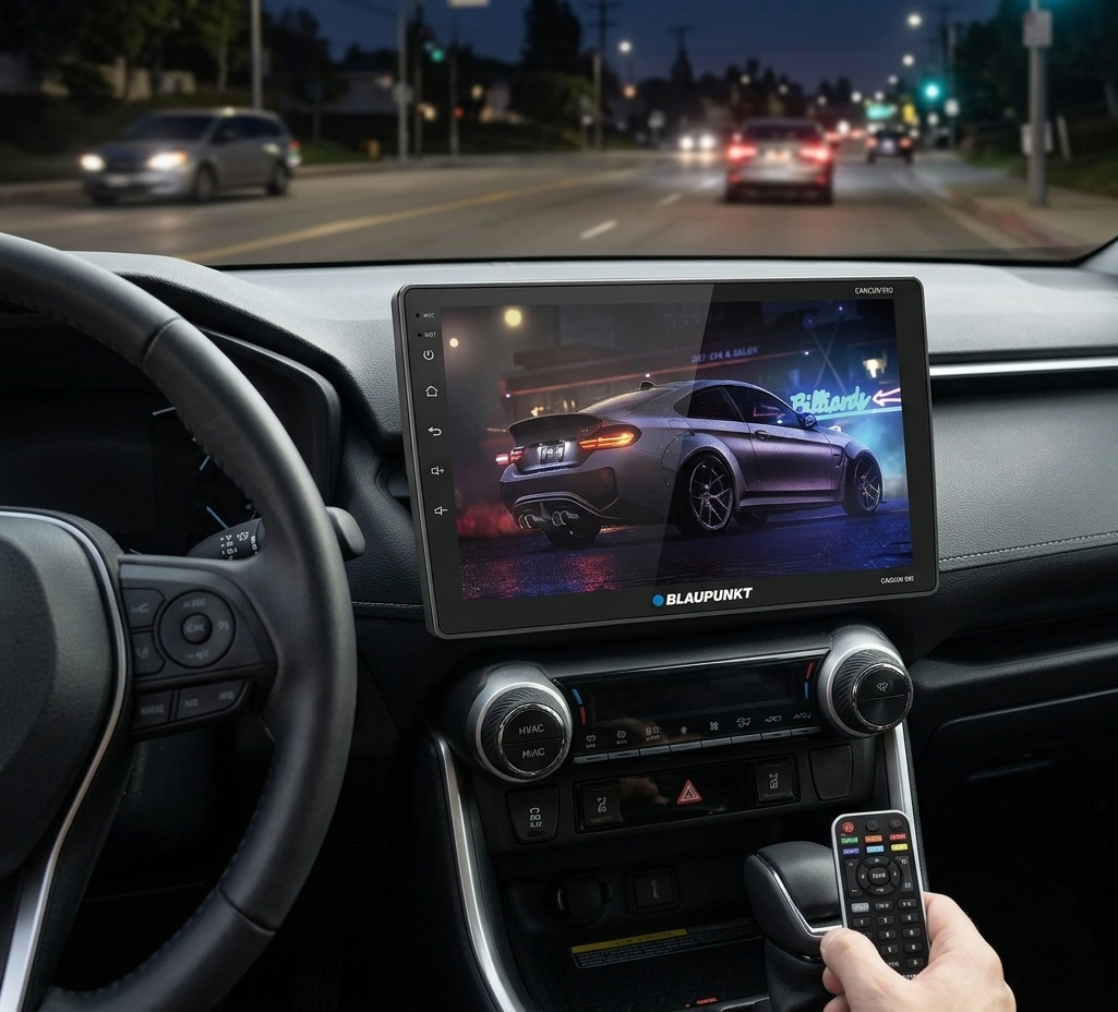 Car interior with a Blaupunkt infotainment system displaying a car on the screen.