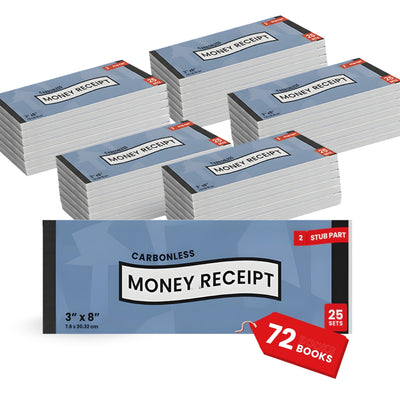 Money Receipt Book, Carbonless, 3"x 8", 25 Sets, 50 Sheets,Case Pack of 72, Ideal for Bulk Buyers