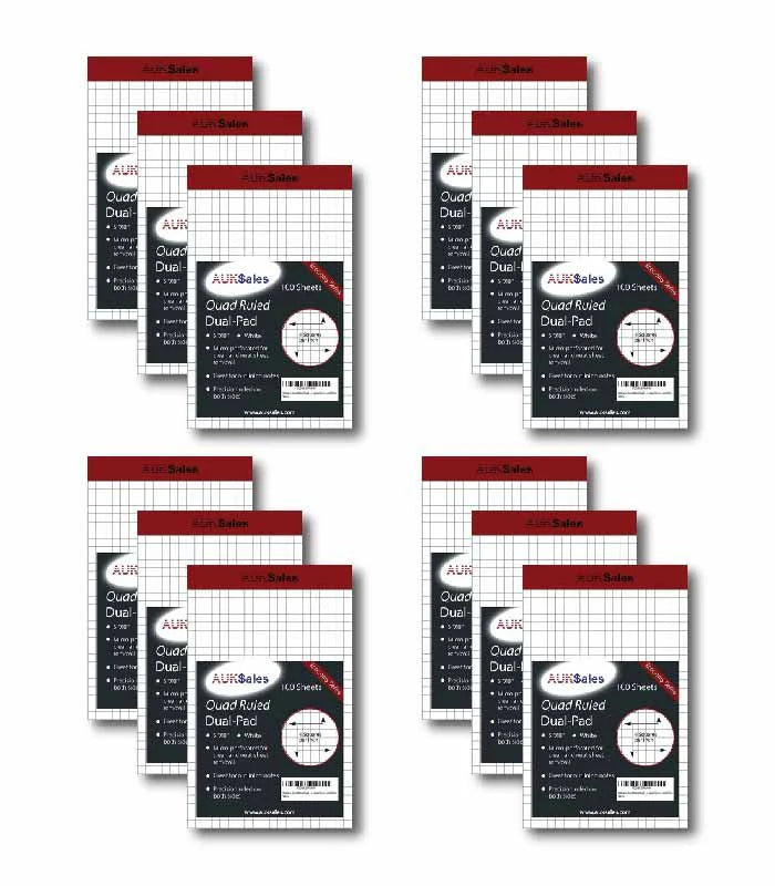 Quad Ruled Dual Graph Pad 5 x 8 Inches -White Color 100 sheets per Perforated Pad, Case Pack of 12