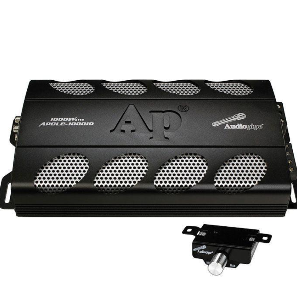 Black audio amplifier with 'AudioPipe' branding on a white background
