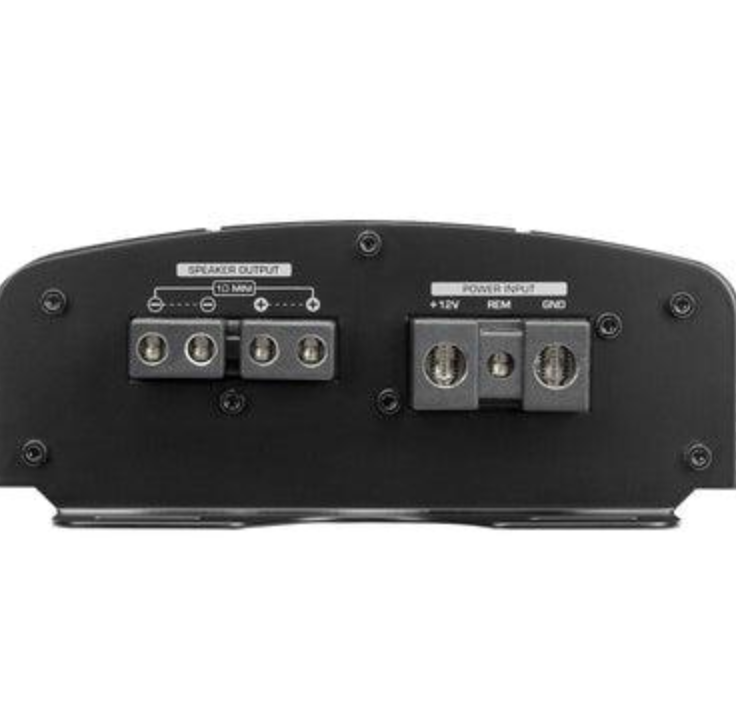Back view of a black electronic device with connectors on a white background