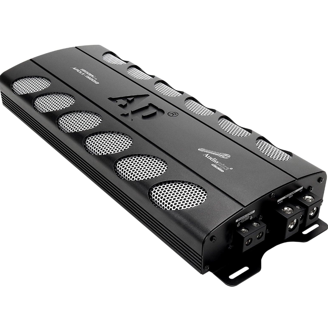 Black audio amplifier with visible brand logo on a white background