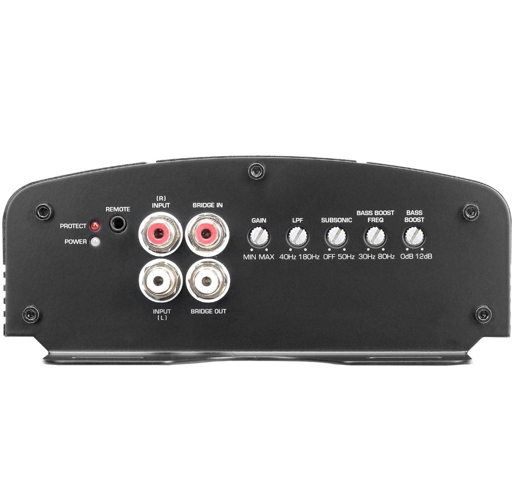 Back panel of an audio amplifier with various control knobs and connectors on a white background