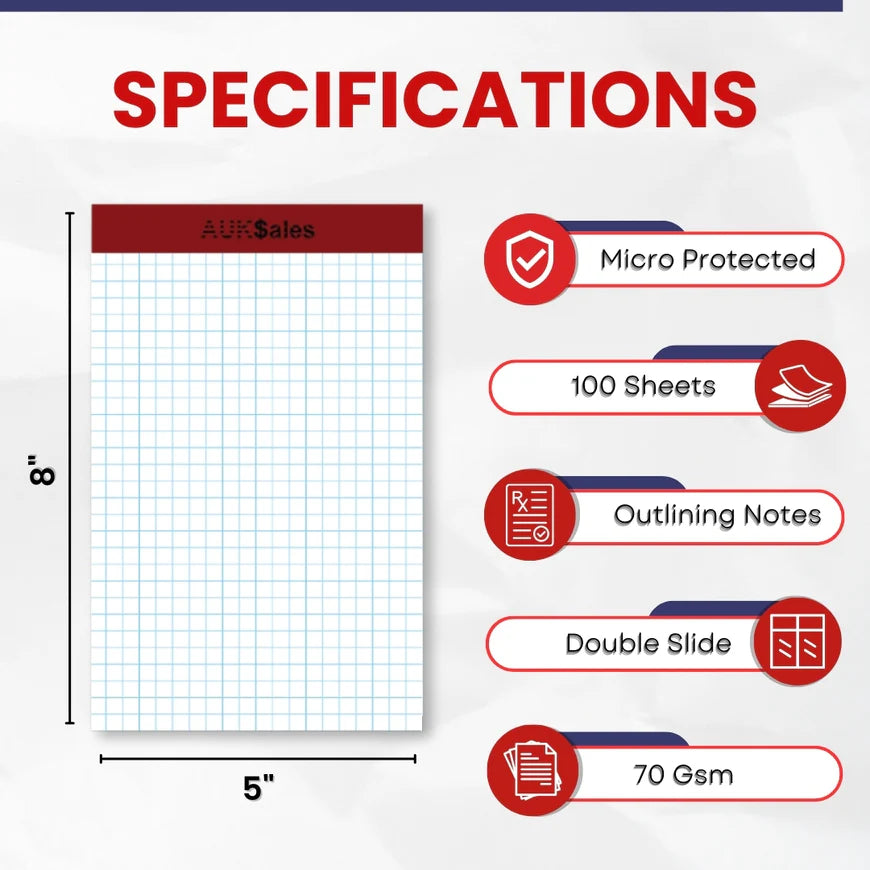 Quad Ruled Dual Graph Pad 5 x 8 Inches -White Color 100 sheets per Perforated Pad, Case Pack of 36