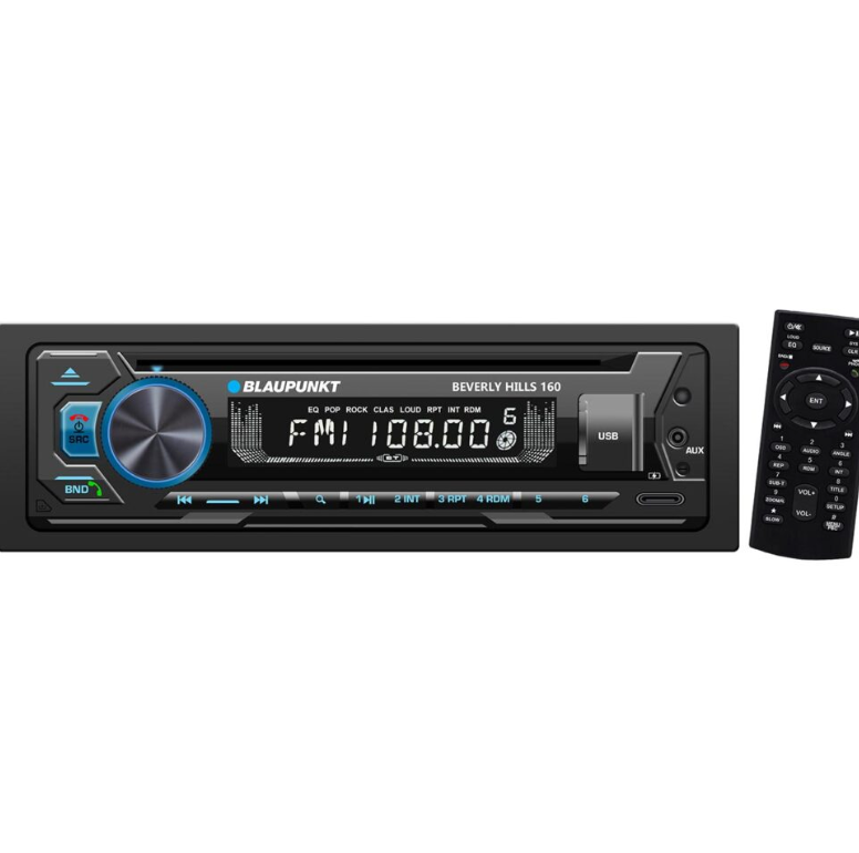 Car stereo system with remote control on a white background