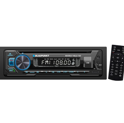 Car stereo system with remote control on a white background