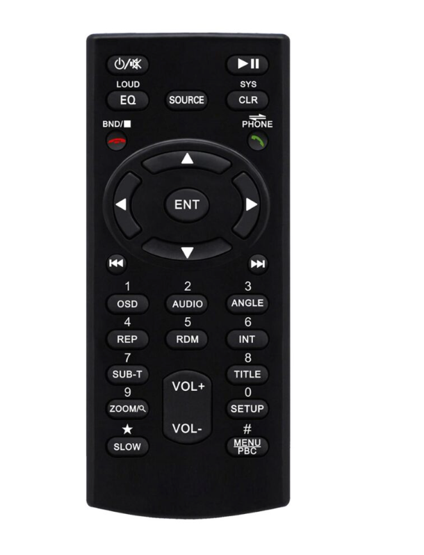 Black remote control with various buttons on a white background