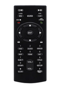 Black remote control with various buttons on a white background