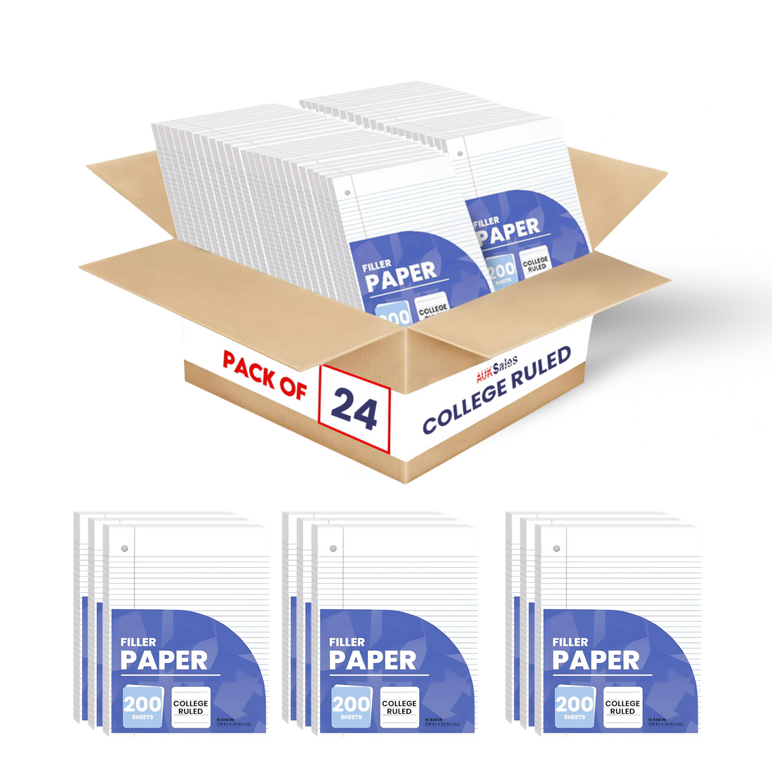 Loose Leaf Filler Paper – 200 Sheets, College Ruled, Pack of 24, Ideal for Bulk Buyers