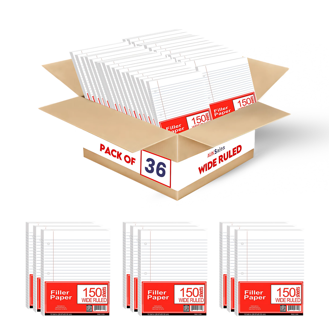 Loose Leaf Filler Paper – 150 Sheets, Wide Ruled, Case of 36