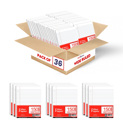 Loose Leaf Filler Paper – 150 Sheets, Wide Ruled, Case of 36