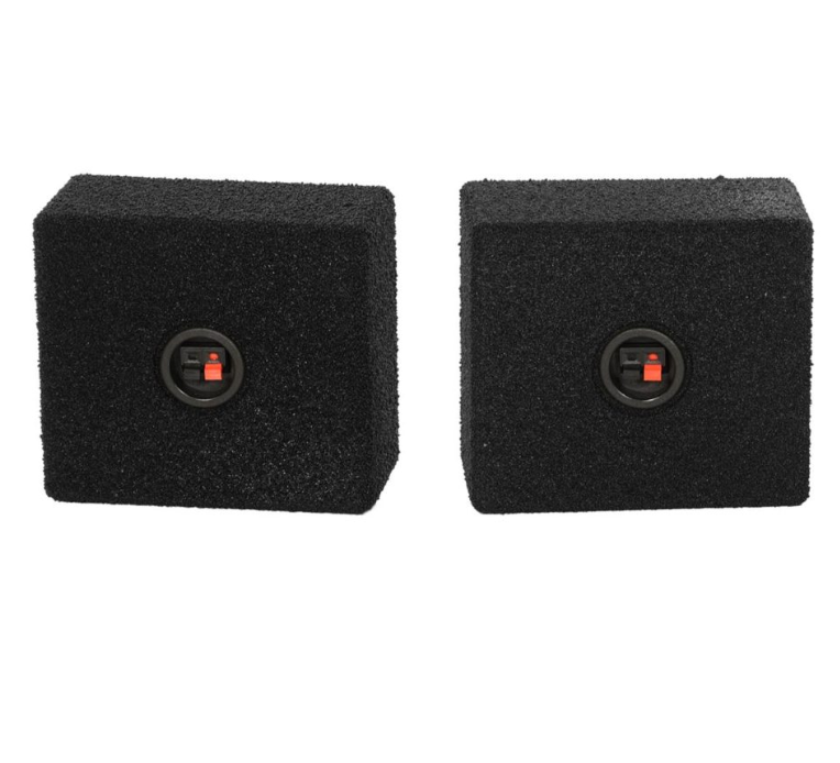 Two black rectangular speakers with red lights on a white background