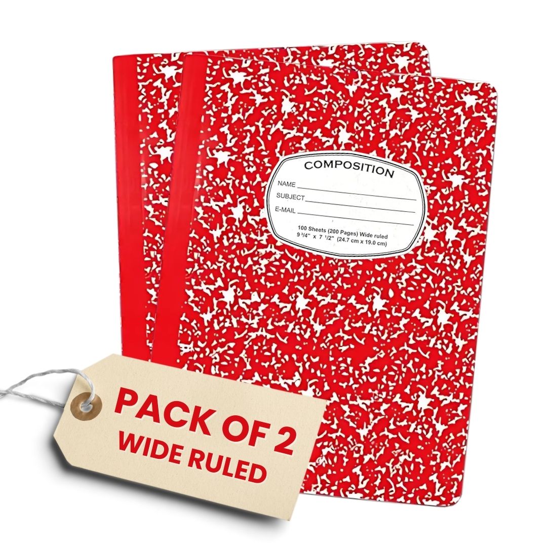 Marble Composition Notebook – 100 Sheets, Wide Ruled, Red Cover, Pack of 2