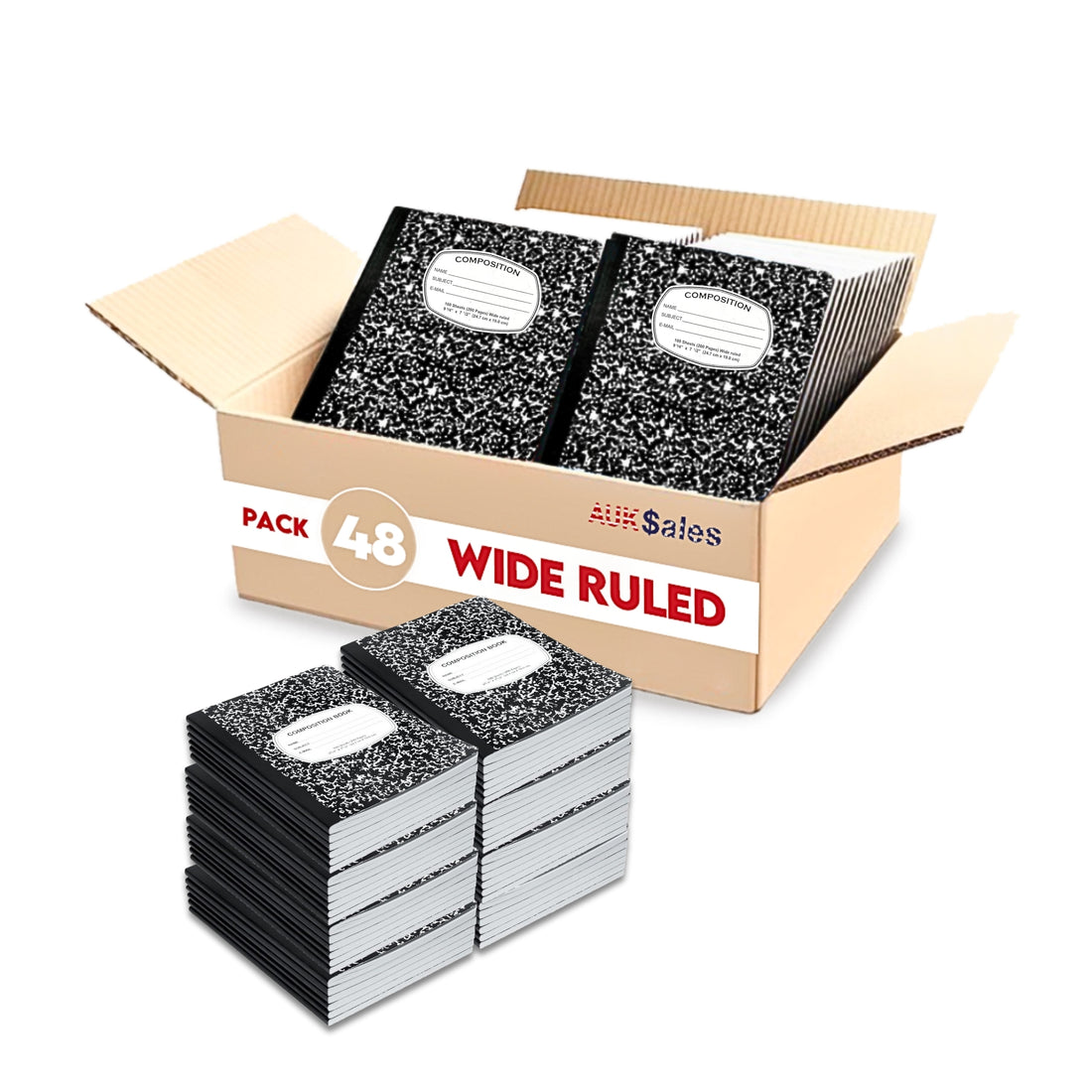AUKSales Composition Notebook 9-3/4″ x 7-1/2″, Wide Ruled | Case Pack of 48 | Marble Cover -100 Sheets | Ideal for bulk buyers, retailers and wholesalers | Black