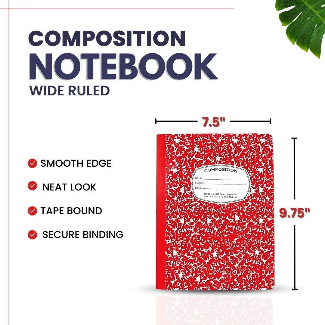 Marble Composition Notebook – 100 Sheets, Wide Ruled, Red Cover, Pack of 2