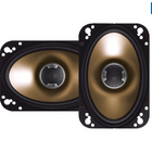 Pair of gold and black speakers on a white background