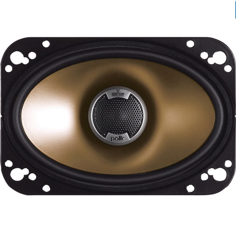 Car speaker with gold cone and black frame on a white background