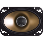 Car speaker with gold cone and black frame on a white background