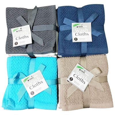 Four packs of wash cloths in gray, blue, turquoise, and beige with labels on a white background.