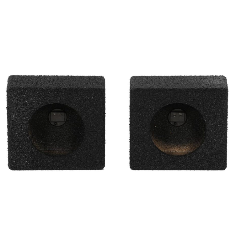Two black subwoofer enclosures on a white background