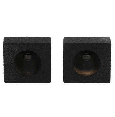 Two black subwoofer enclosures on a white background