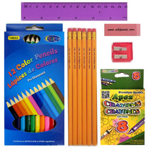 Stationery Kit 11 pieces (6 #2 pencils, 1 box 8 ct crayons, 1 eraser, 1 sharpener, 1 ruler), Case Pack of 48, Ideal for Bulk Buyers