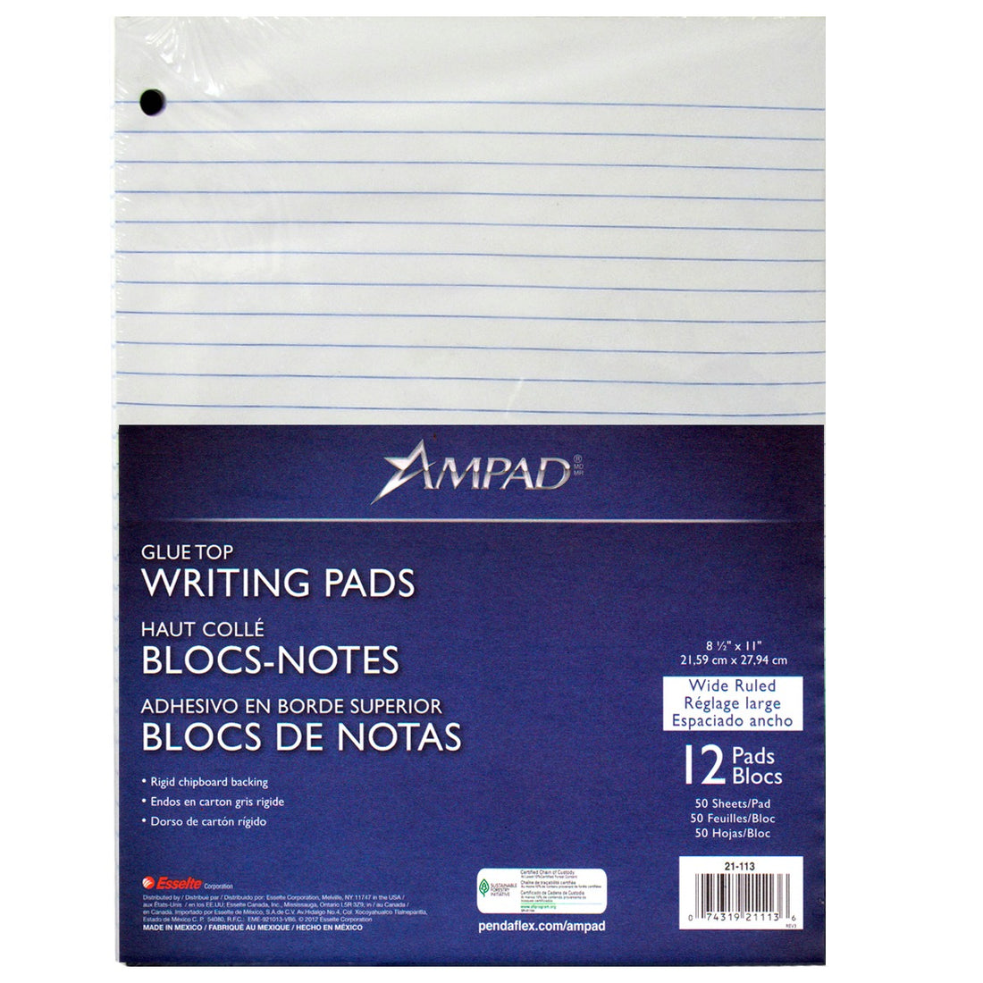 AMPAD Glue Top Writing Pads, 8.5" x 11", Wide Ruled, 50 White Colored Sheets , 12 Packs, Case Pack of 6, Ideal for Bulk Buyers