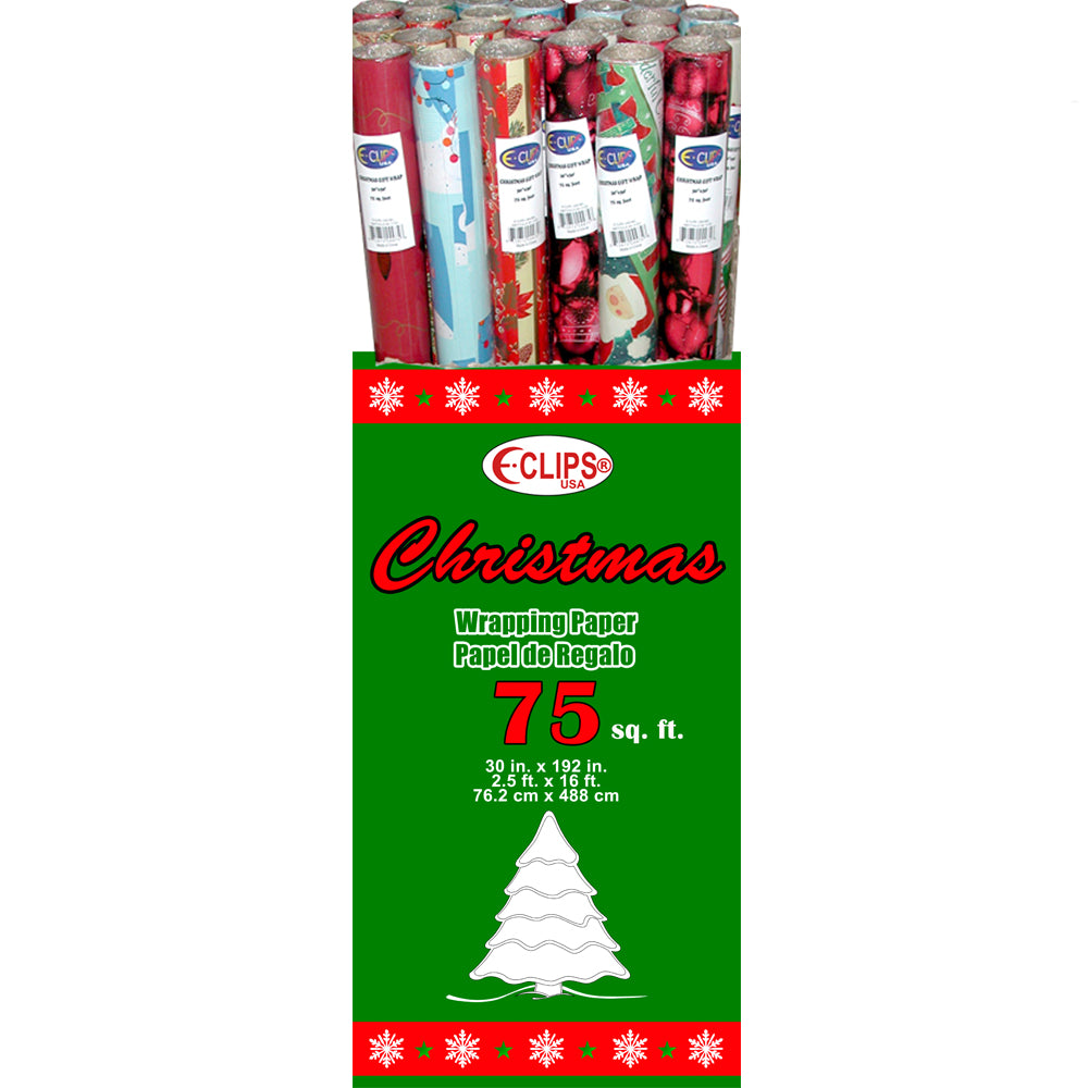 Christmas Wrapping paper 30" x 75" sq ft, 1.75" core, Case Pack of 36, Ideal for Bulk Buyers