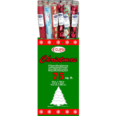 Christmas Wrapping paper 30" x 75" sq ft, 1.75" core, Case Pack of 36, Ideal for Bulk Buyers