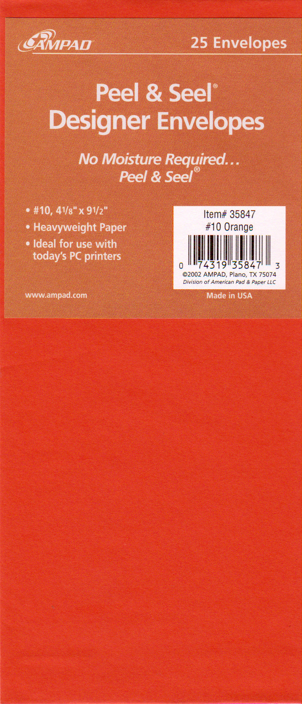 AMPAD Peel & Seel Envelopes  # 10 - 25ct orange, Case Pack of 100 , Ideal for Bulk Buyers